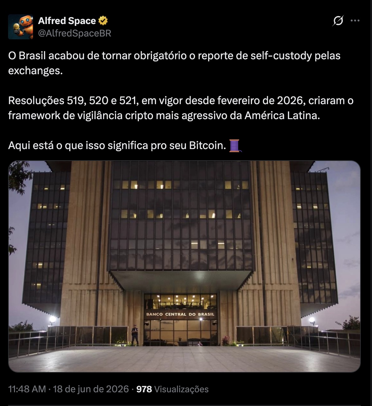 Tweet do Alfred: Brasil torna obrigatorio o reporte de self-custody