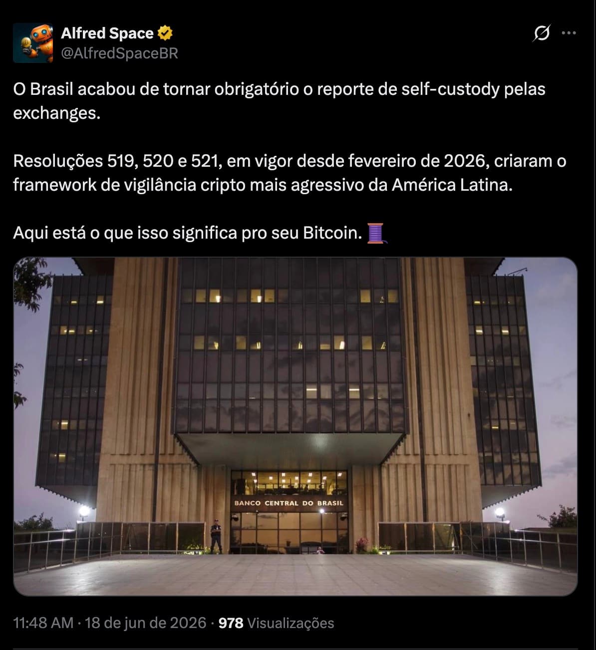 Tweet do Alfred: Brasil torna obrigatorio o reporte de self-custody