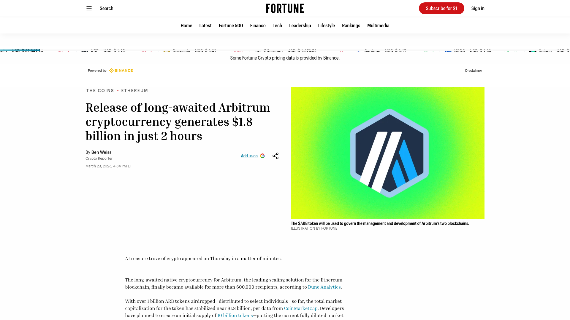 A Fortune sobre o ARB atingindo US$ 1,8 bi de market cap nas duas primeiras horas e o nascimento da DAO — Fortune, março/2023