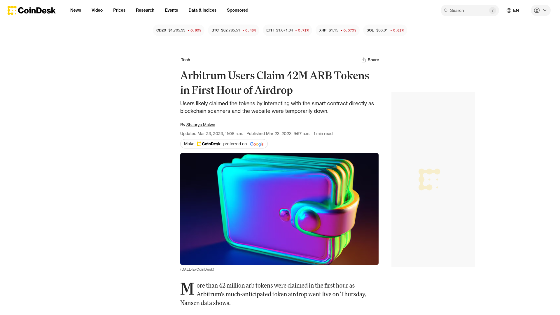 A CoinDesk registrando os 42 milhões de ARB reivindicados já na primeira hora do claim, sinal do FOMO do evento — CoinDesk, março/2023