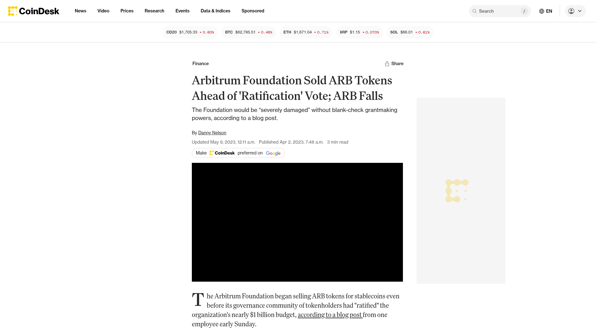 A CoinDesk sobre a Fundação ter vendido e emprestado ARB antes da
