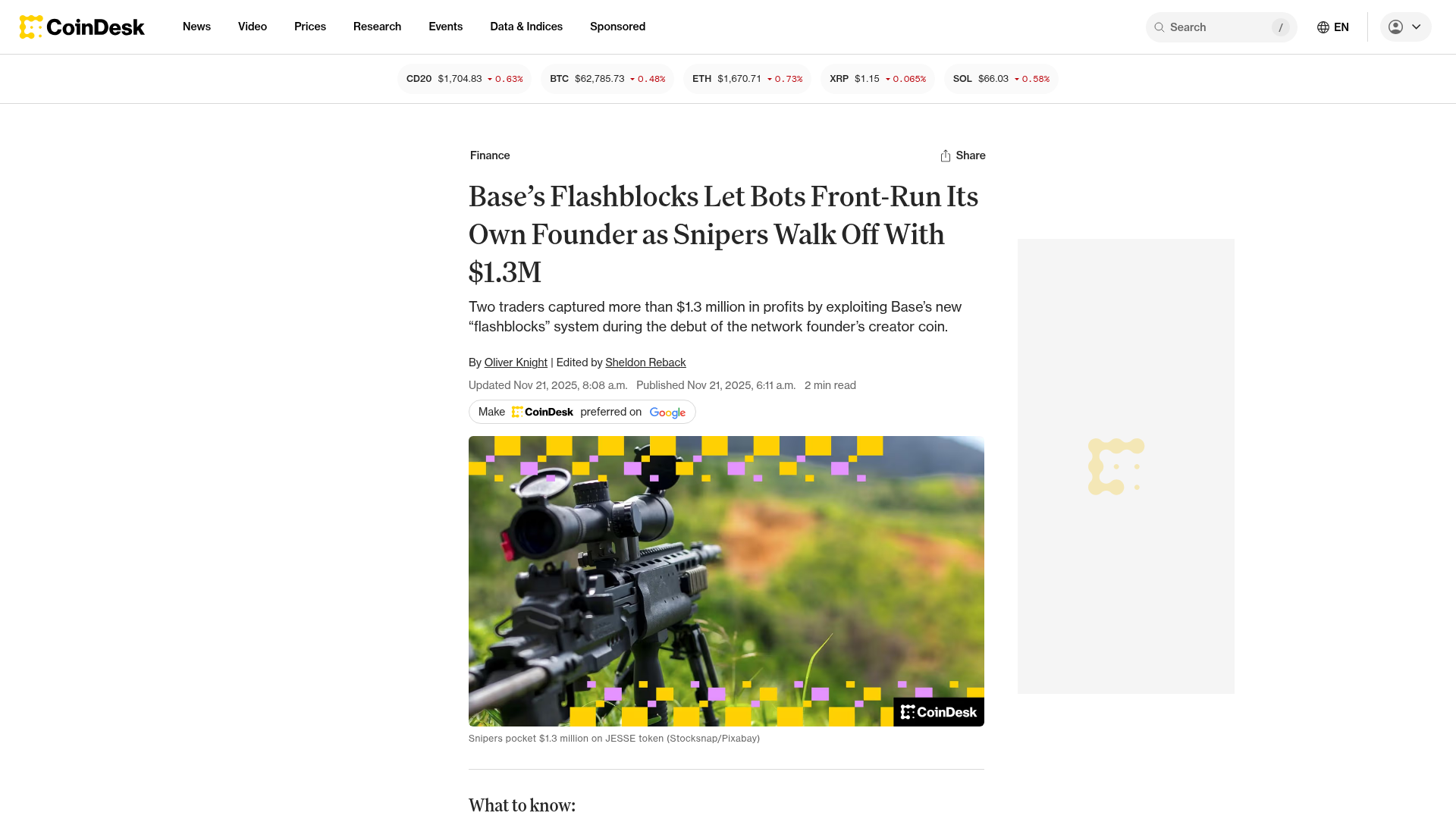 A CoinDesk noticiando os snipers que embolsaram US$ 1,3 mi na estreia da creator coin de Jesse Pollak — CoinDesk, novembro/2025
