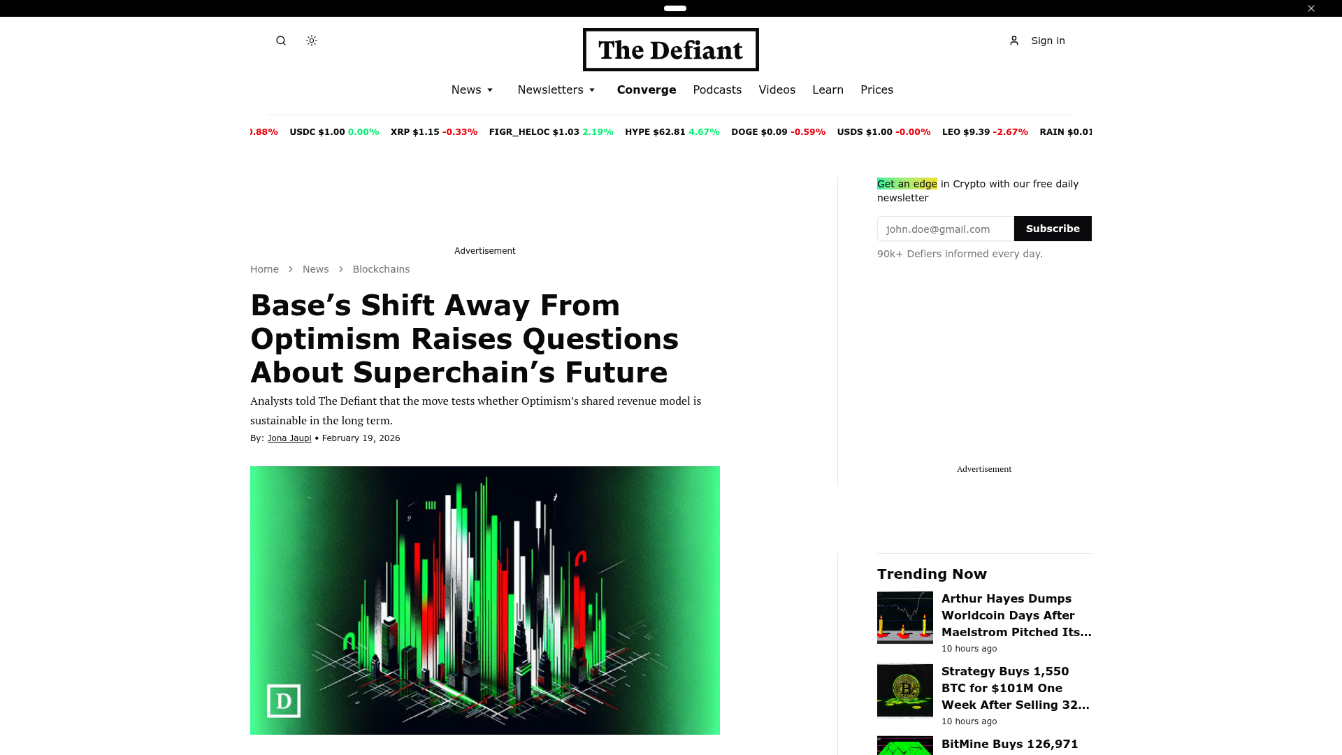 A The Defiant noticiando a saída da Base da OP Stack e o fim do repasse ao coletivo Optimism — The Defiant, fevereiro/2026