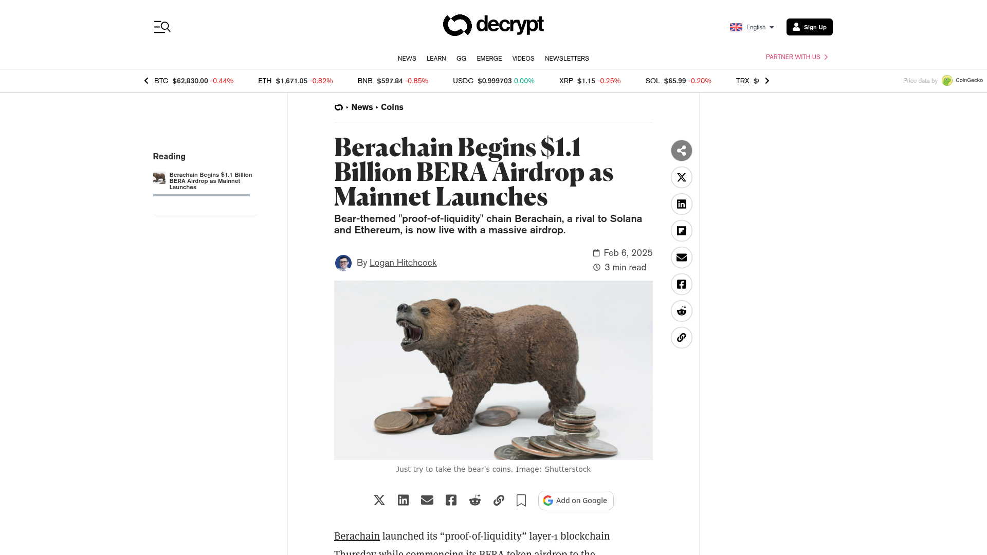 A Decrypt sobre o airdrop de US$ 1,1 bi e o lançamento do mainnet da Berachain em 6/fev/2025 — Decrypt, fevereiro/2025