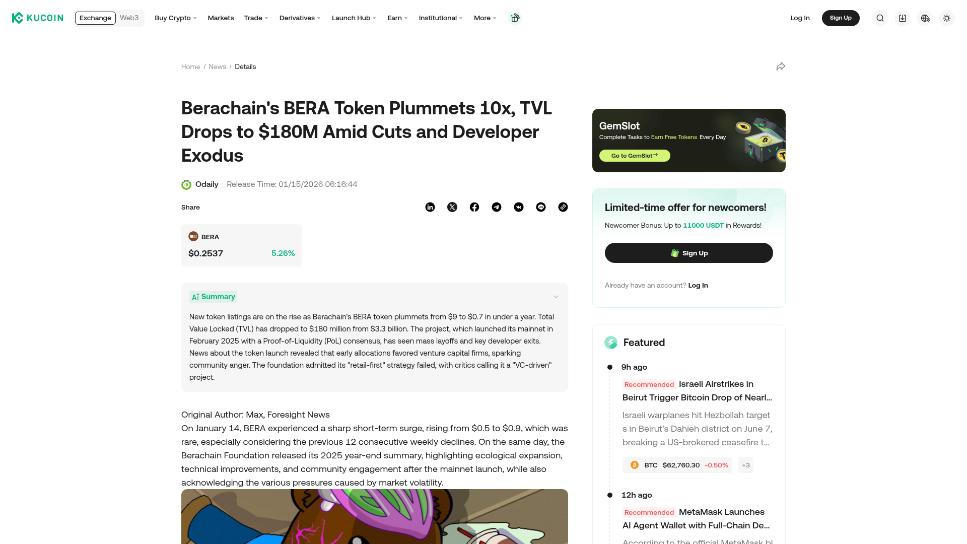A KuCoin sobre o BERA caindo 10x, a TVL despencando pra US$ 180 mi e o êxodo de desenvolvedores — KuCoin News