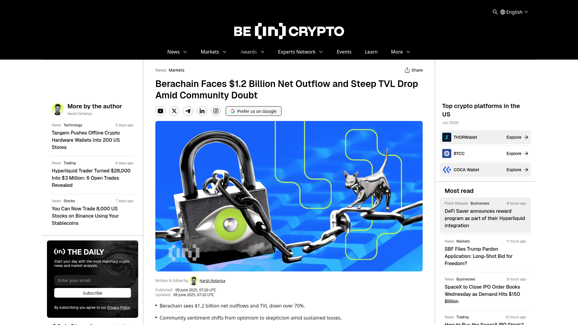 A BeInCrypto sobre os bilhões em saídas que transformaram a Berachain numa