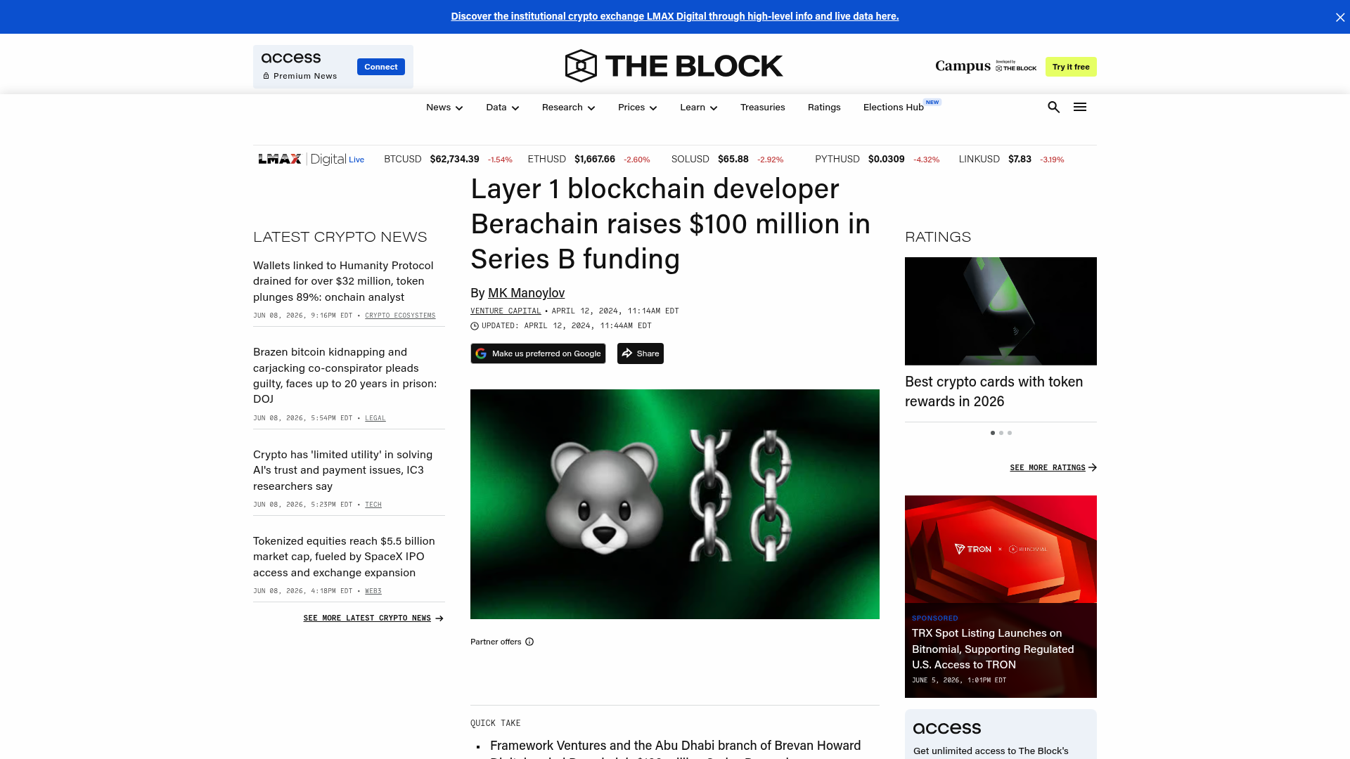 A The Block sobre a Série B de US$ 100 mi da Berachain a um valuation de US$ 1,5 bi: o cheque institucional que validou a piada do urso — The Block, abril/2024