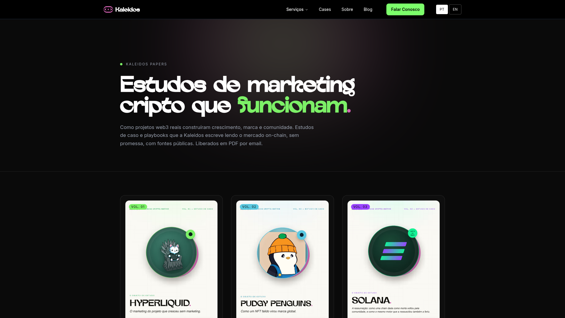 Página de papers da Kaleidos com estudos de caso de marketing cripto que alimentam o pipeline de conteúdo