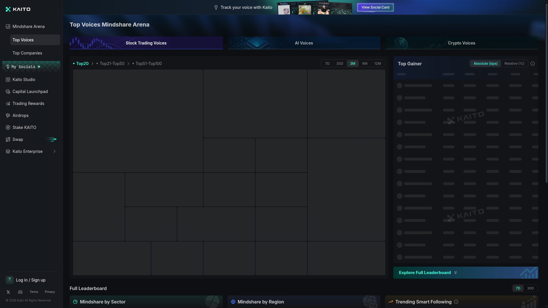 A Mindshare Arena do Kaito: um leaderboard ao vivo que mede e ranqueia a atenção que cada projeto cripto captura, a atenção virou número (fonte: yaps.kaito.ai)