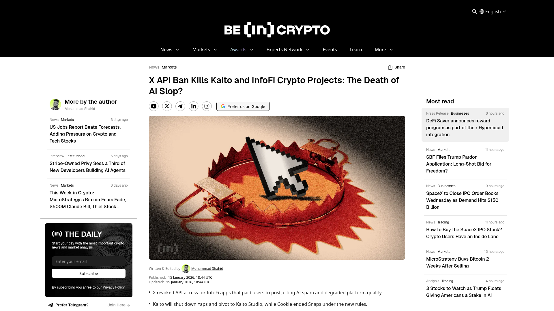 A BeInCrypto sobre o X
