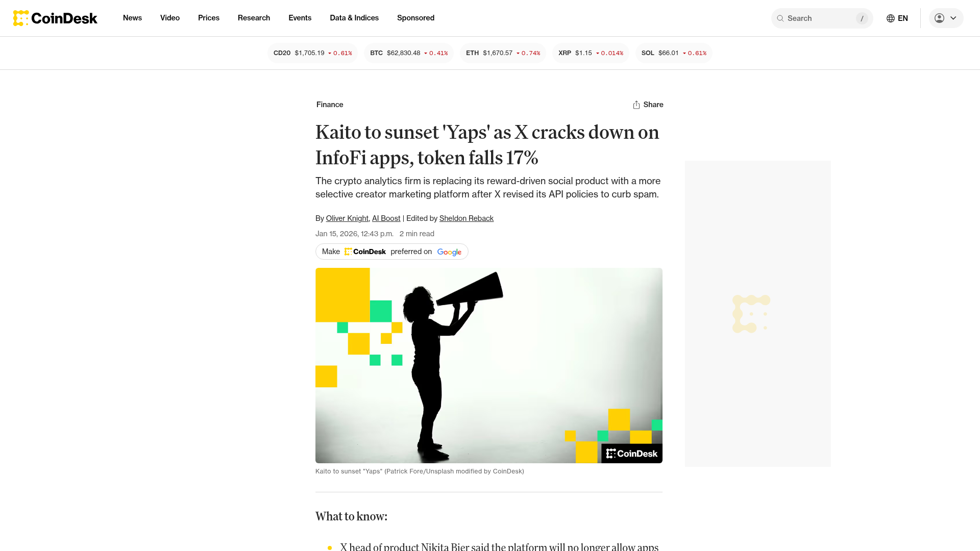 A CoinDesk noticiando o fim do Yaps após o X cortar o acesso de apps de InfoFi, com o token caindo 17% — CoinDesk, janeiro/2026