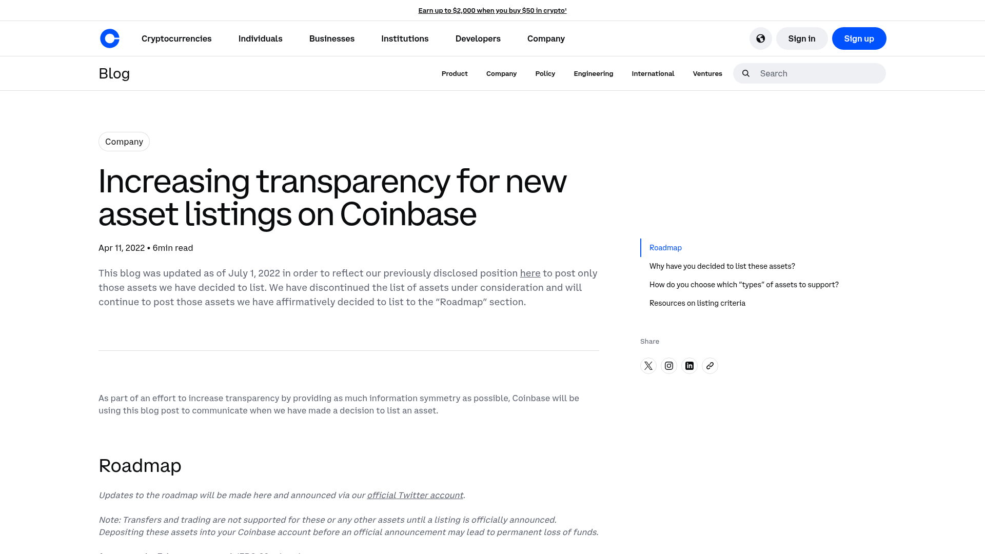Post da Coinbase sobre transparência no processo de listagem de novos ativos