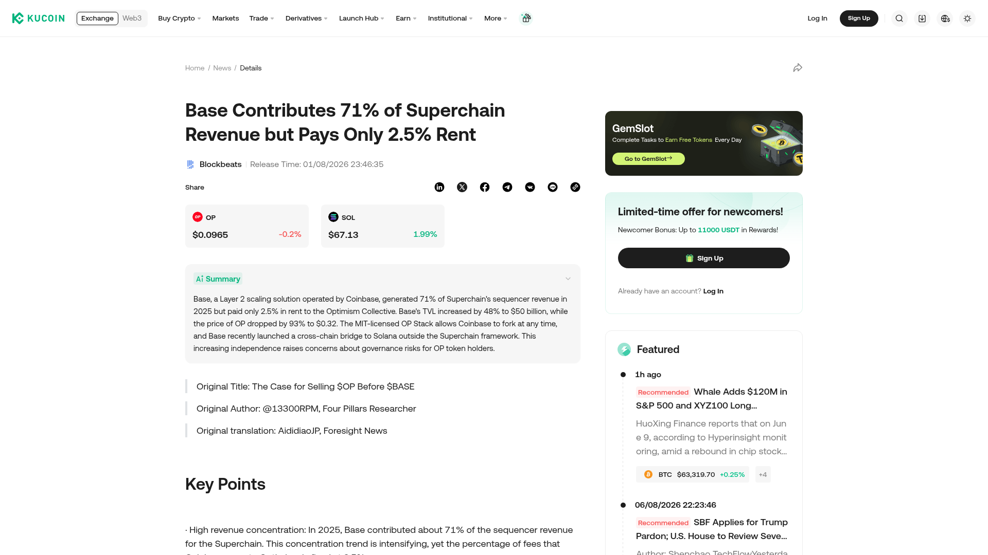 A KuCoin News com o dado mais desconfortável do case: a Base gera 71% da receita da Superchain mas paga só 2,5% de