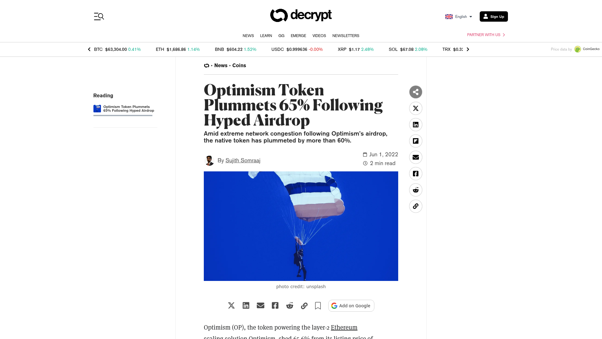 A Decrypt sobre o OP despencando após o hype do airdrop, com a rede chegando a congestionar no dia do claim — Decrypt, junho/2022