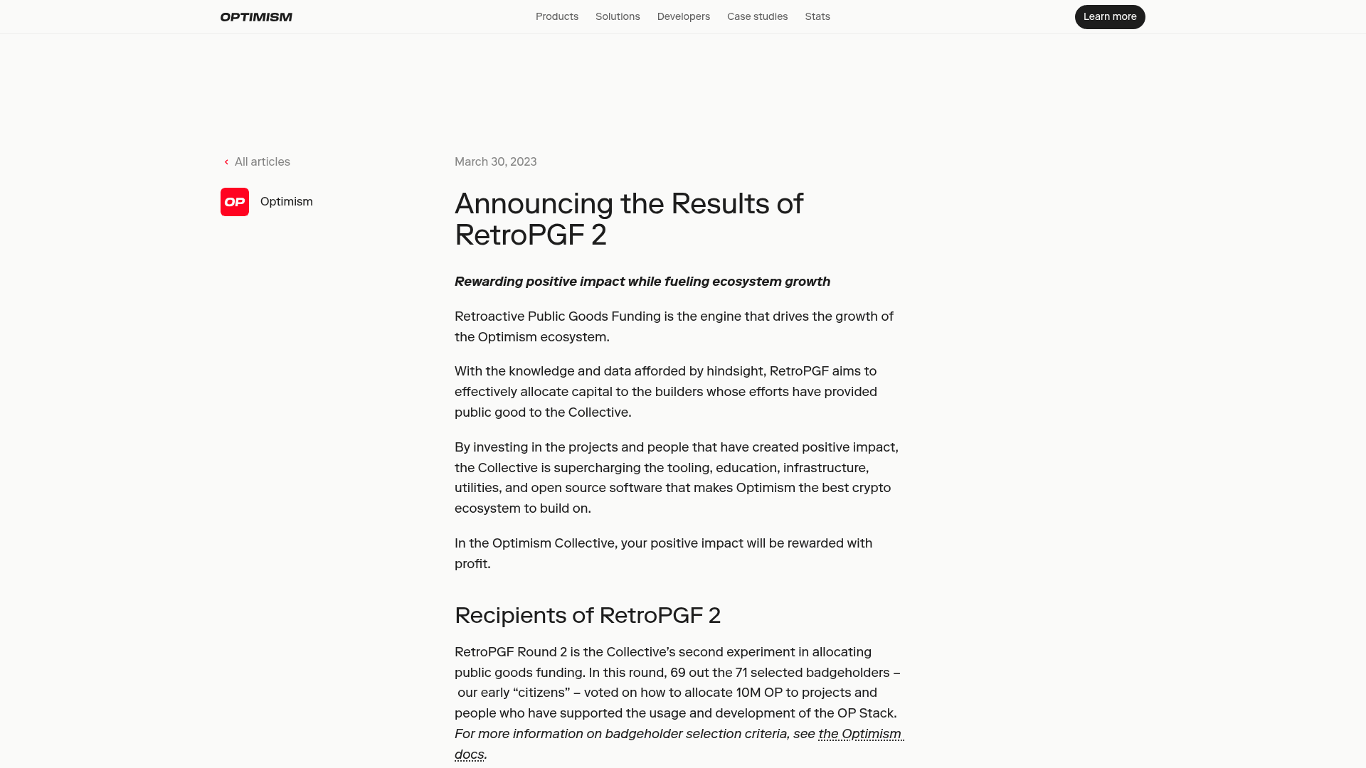 A Optimism anunciando os resultados da RetroPGF Round 2: milhões de OP distribuídos a builders por impacto comprovado no ecossistema — Optimism, 2023