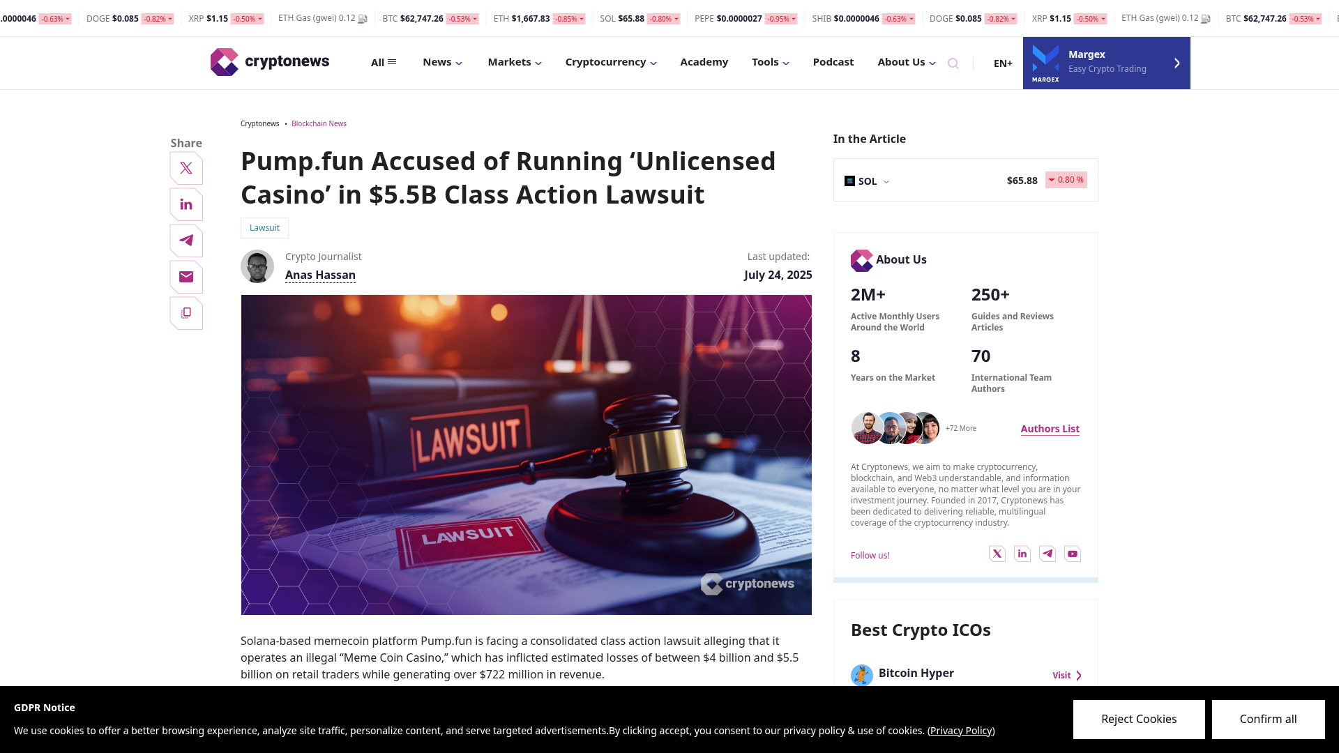 A Cryptonews sobre a ação coletiva de US$ 5,5 bi que acusa a Pump.fun de rodar um cassino sem licença — Cryptonews