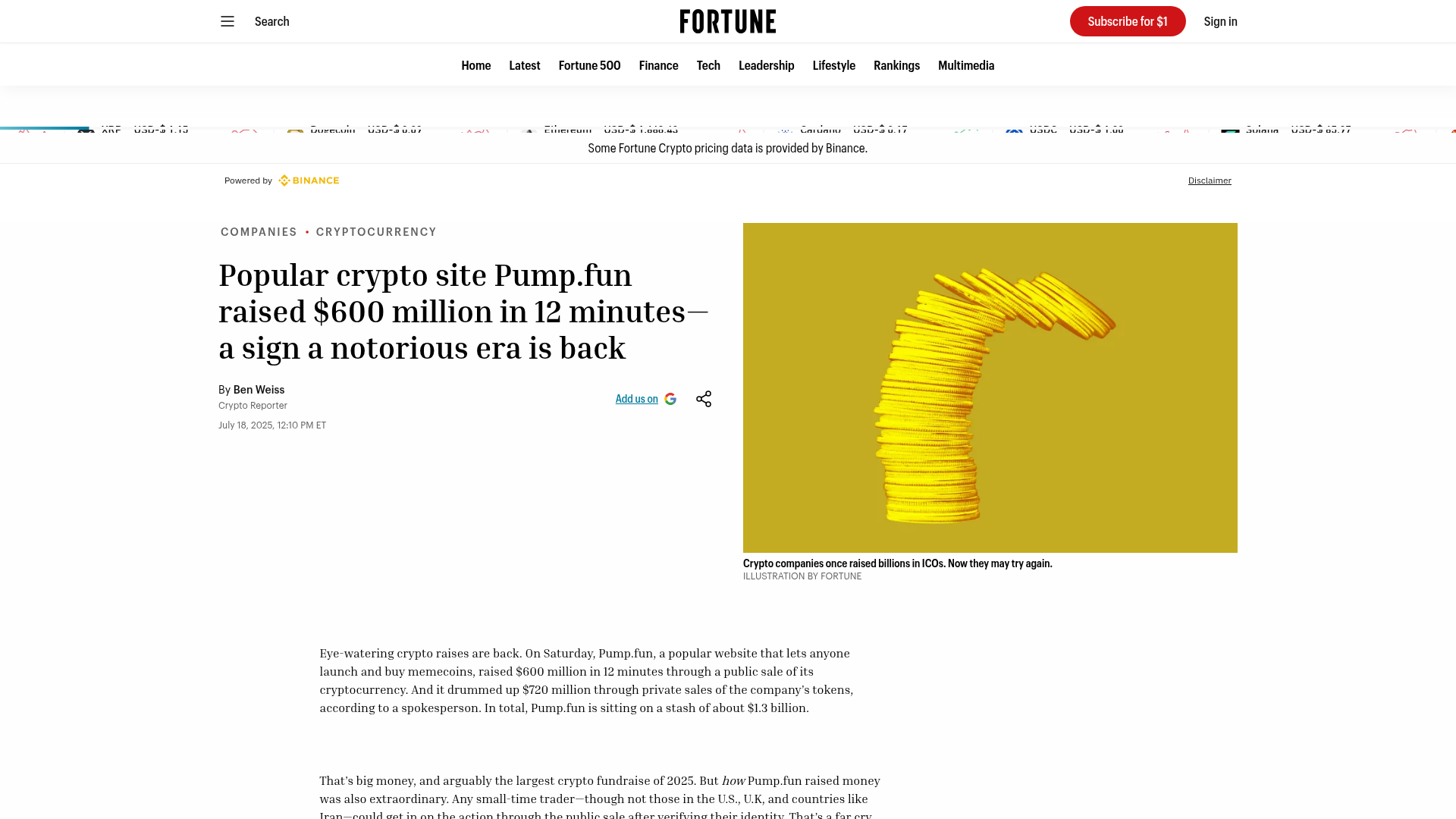 A Fortune sobre o ICO do PUMP: US$ 1,3 bi levantados, US$ 600 mi na venda pública esgotada em 12 minutos — Fortune, julho/2025