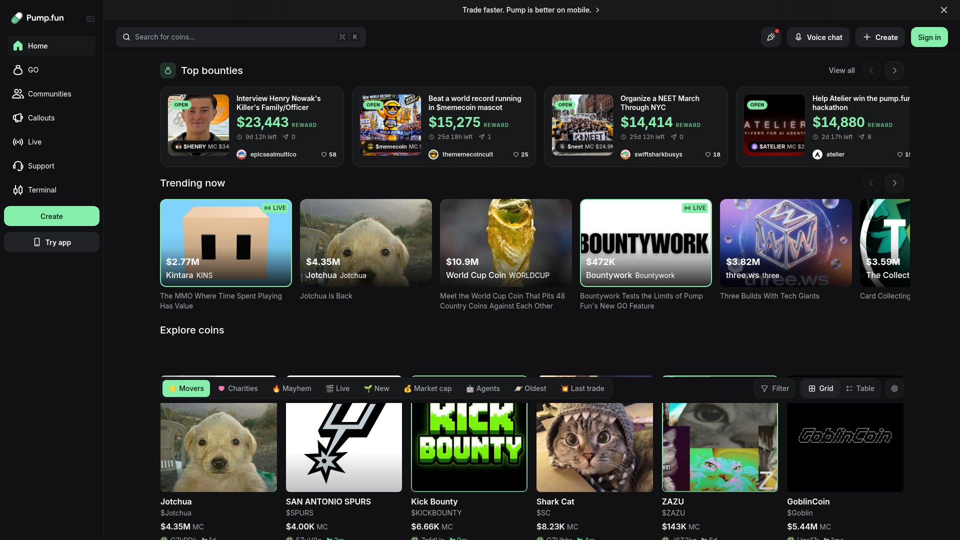 O feed da Pump.fun: um fluxo infinito de moedas nascendo a cada segundo, o lançamento virando conteúdo contínuo — pump.fun