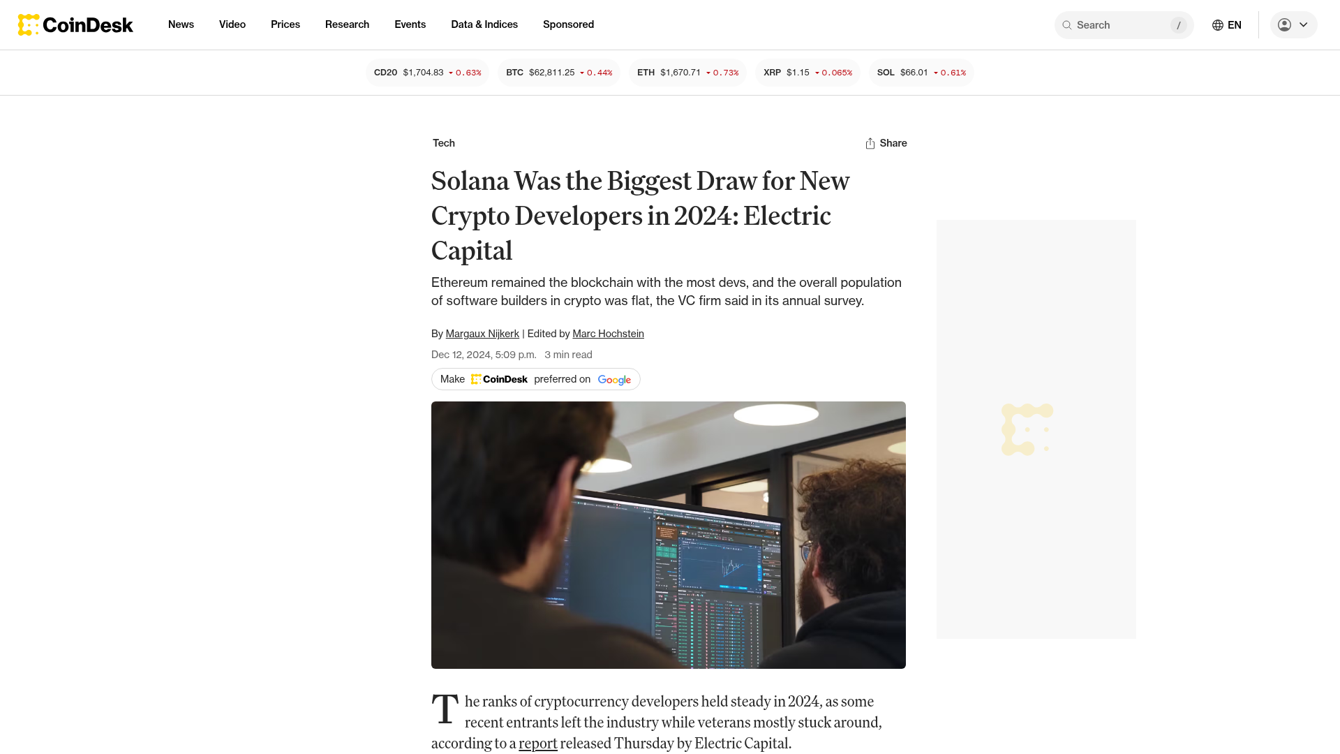 A CoinDesk noticiando o relatório da Electric Capital: a Solana foi o maior ímã de novos desenvolvedores em 2024 — CoinDesk, dezembro/2024