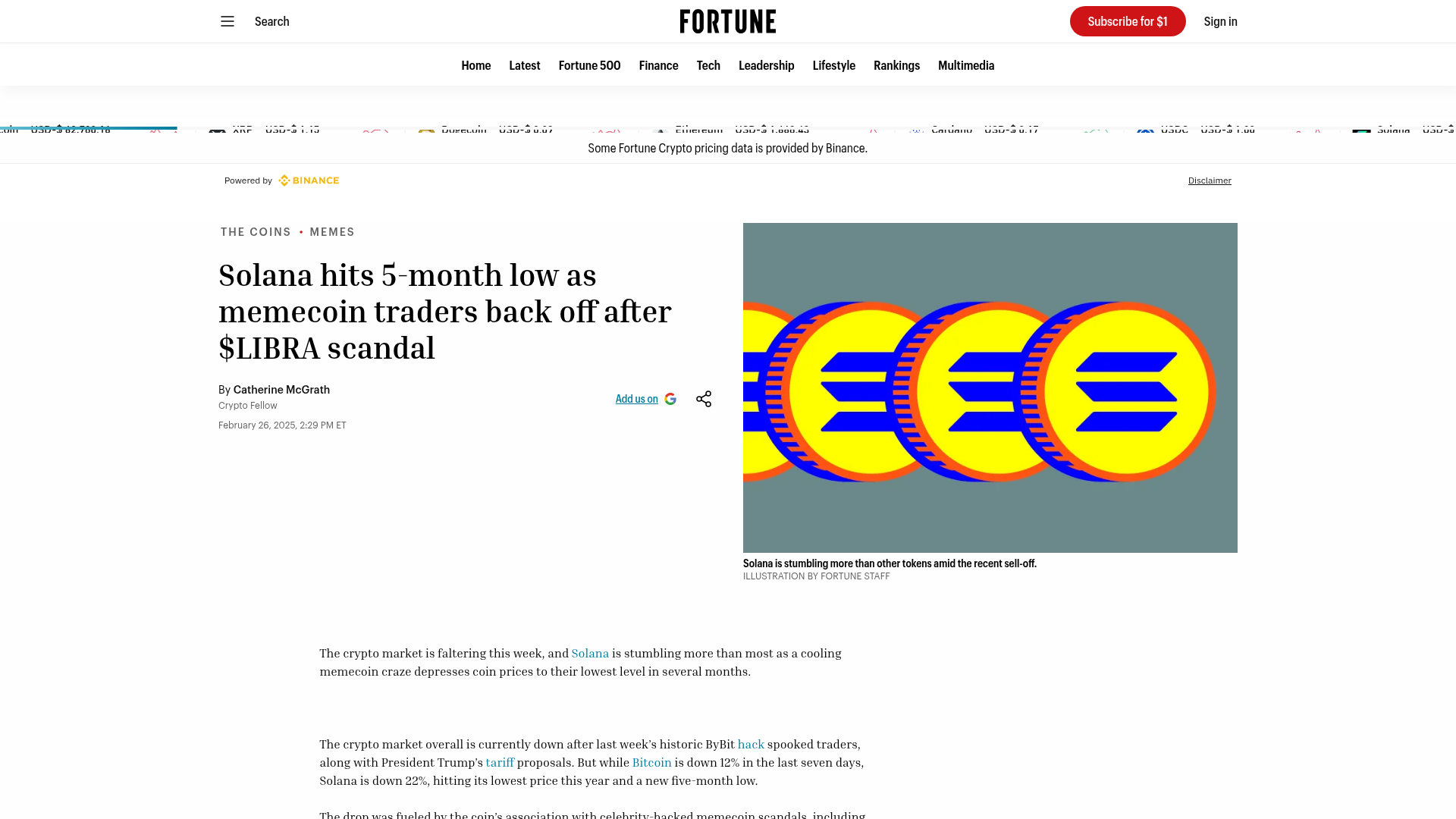 A Fortune noticiando a queda da Solana com o esfriamento do trading de memecoin após o escândalo LIBRA — Fortune, fevereiro/2025