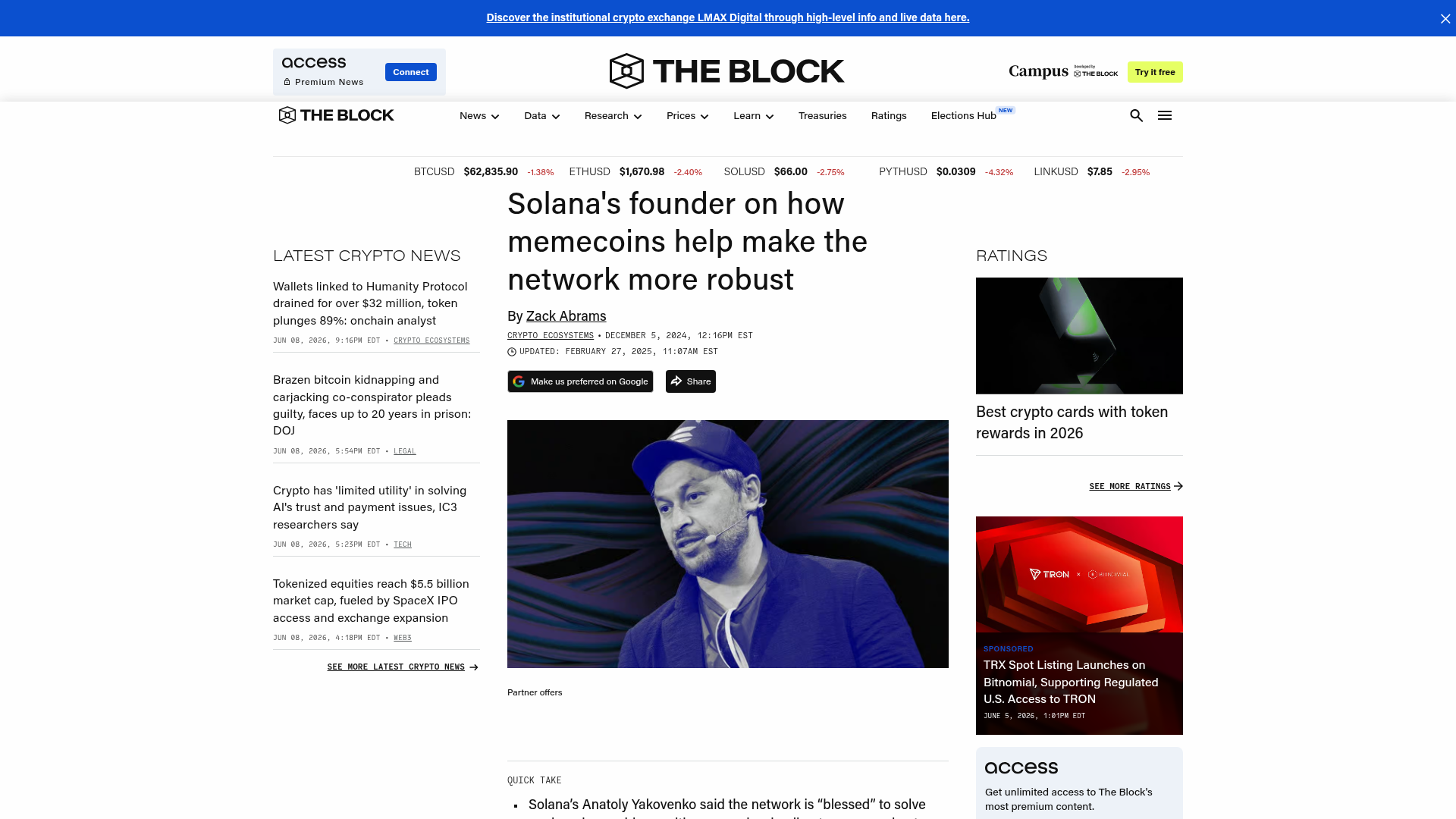 O fundador Anatoly Yakovenko argumentando que memecoins deixam a rede mais robusta, em reportagem da The Block — The Block, 2024