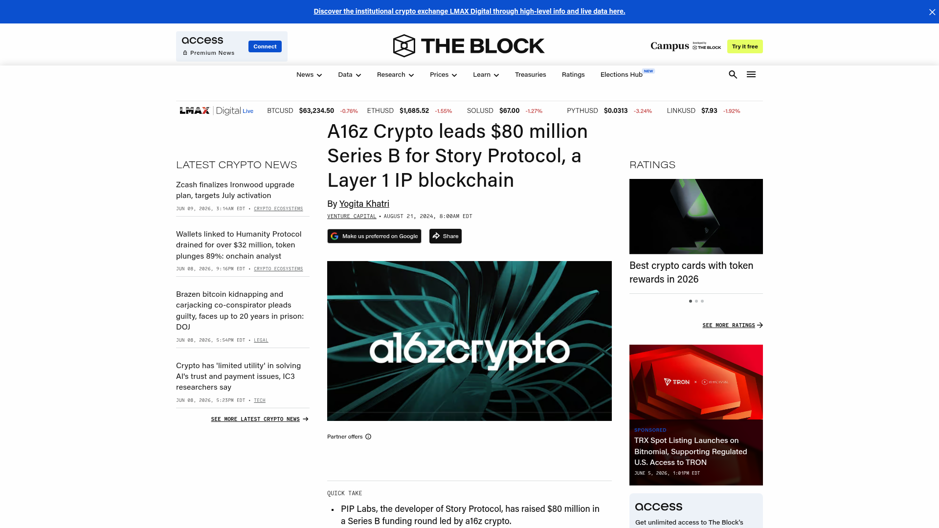 The Block sobre a a16z crypto liderando a Série B de US$ 80 milhões na Story, uma Layer 1 dedicada a propriedade intelectual — The Block, agosto/2024