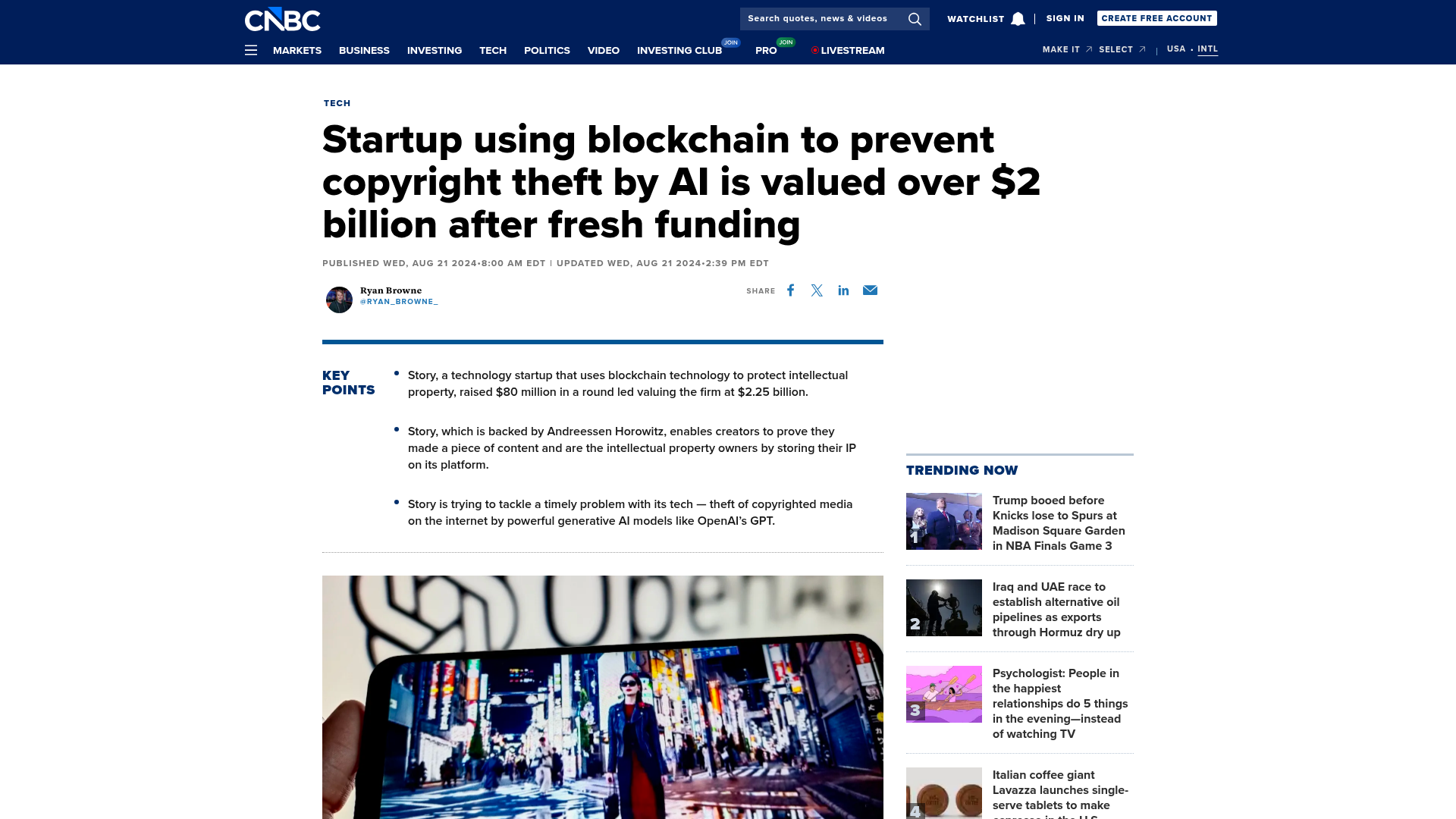 A CNBC com o frame que a Story queria: a startup levanta da a16z pra impedir o roubo de IP pela IA, grudando o produto na maior ansiedade cultural do momento — CNBC, agosto/2024