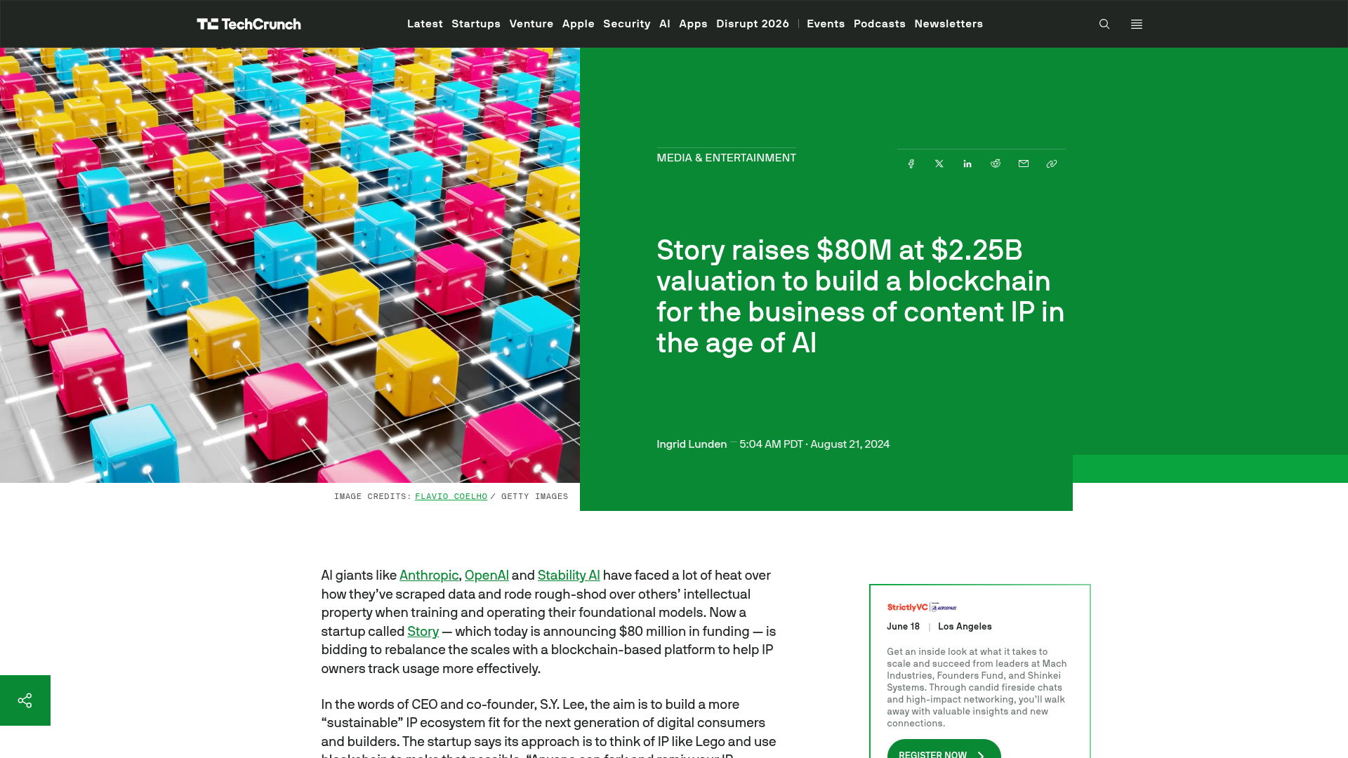 A TechCrunch sobre a Série B avaliar a Story em US$ 2,25 bilhões pra construir uma blockchain pro negócio de conteúdo e IP na era da IA — TechCrunch, agosto/2024
