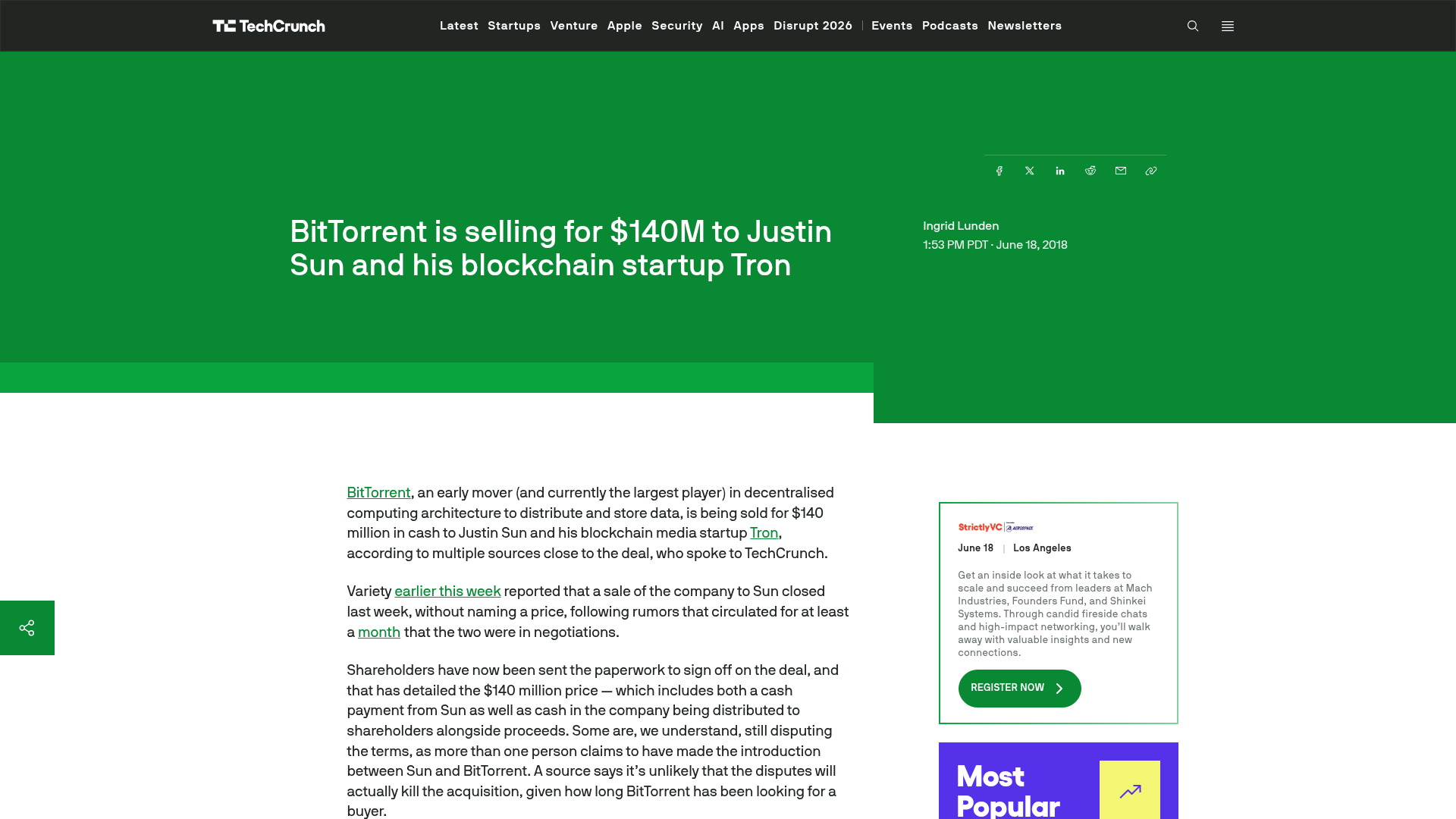 A TechCrunch confirmando a aquisição da BitTorrent pela TRON: Sun comprou não a tecnologia, mas uma base de mais de 100 milhões de usuários — TechCrunch, junho/2018