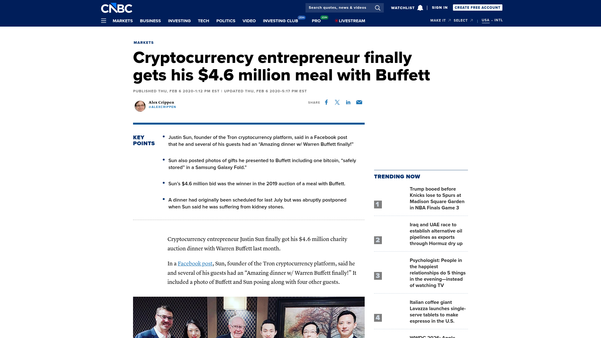 A CNBC sobre o almoço de US$ 4,6 milhões de Sun com Warren Buffett, o crítico mais famoso de cripto do mundo — CNBC, fevereiro/2020