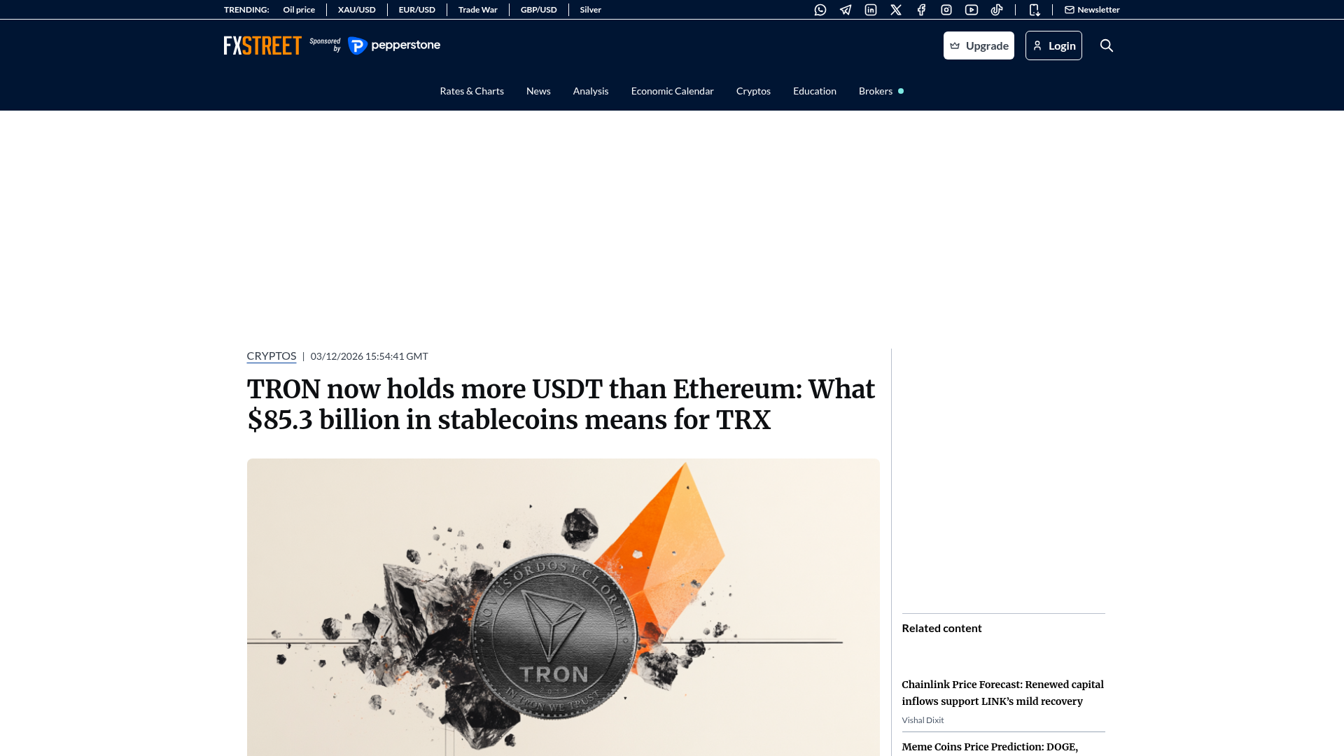 A FXStreet sobre a TRON ultrapassar a Ethereum em USDT, virando o trilho dominante de stablecoin do planeta com US$ 85,3 bilhões na rede — FXStreet, março/2026