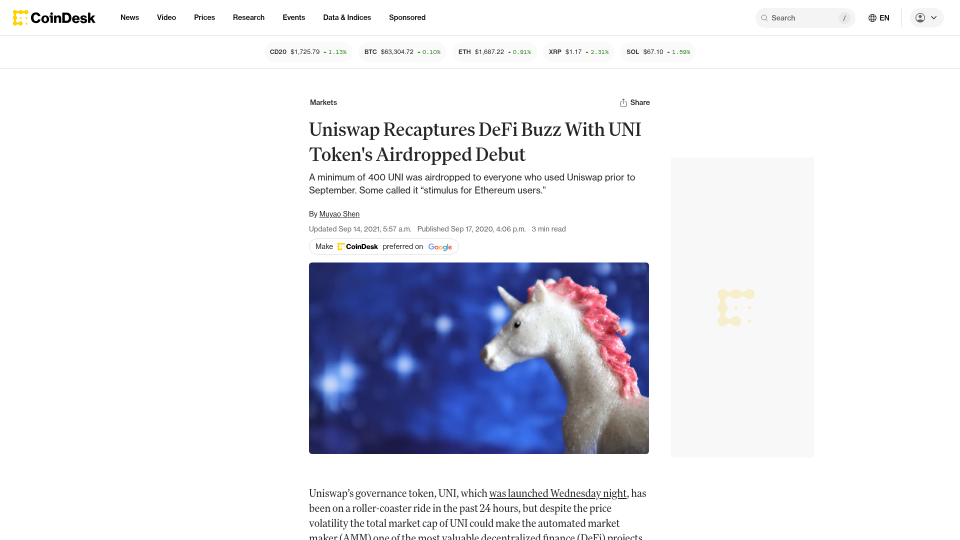 A CoinDesk no debut do UNI em 17/set/2020: o token recolocou a Uniswap no centro do buzz de DeFi, com os 400 UNI valendo ~US$ 1.200 por carteira no primeiro dia — CoinDesk, setembro/2020