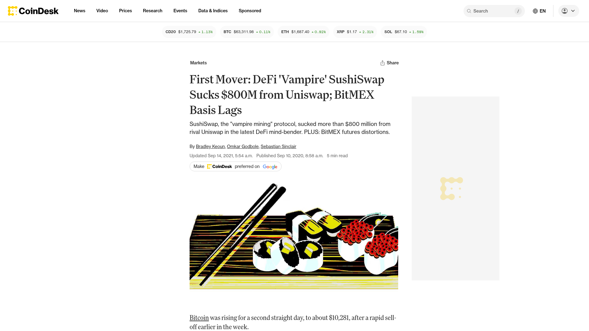 A CoinDesk registrando o ataque vampiro: a SushiSwap drenando mais de US$ 800 milhões de liquidez da Uniswap dias antes do lançamento do UNI — CoinDesk, setembro/2020