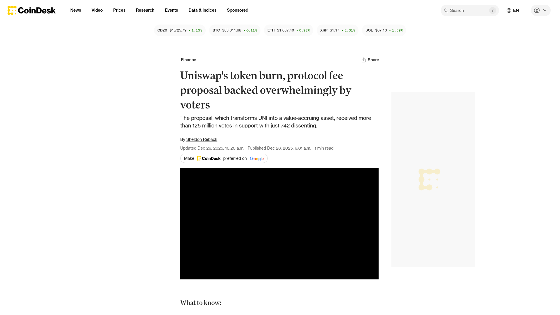 A CoinDesk sobre a proposta UNIfication aprovada com 99,9% dos votos: cinco anos depois, o fee switch finalmente ligado e a queima de UNI — CoinDesk, dezembro/2025