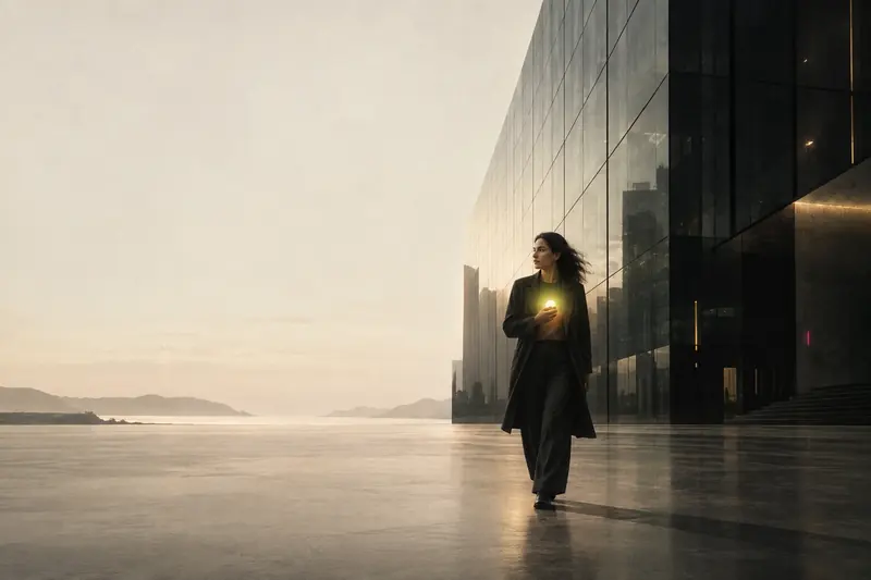 Uma pessoa leva uma pequena luz para fora da sombra de uma torre corporativa.