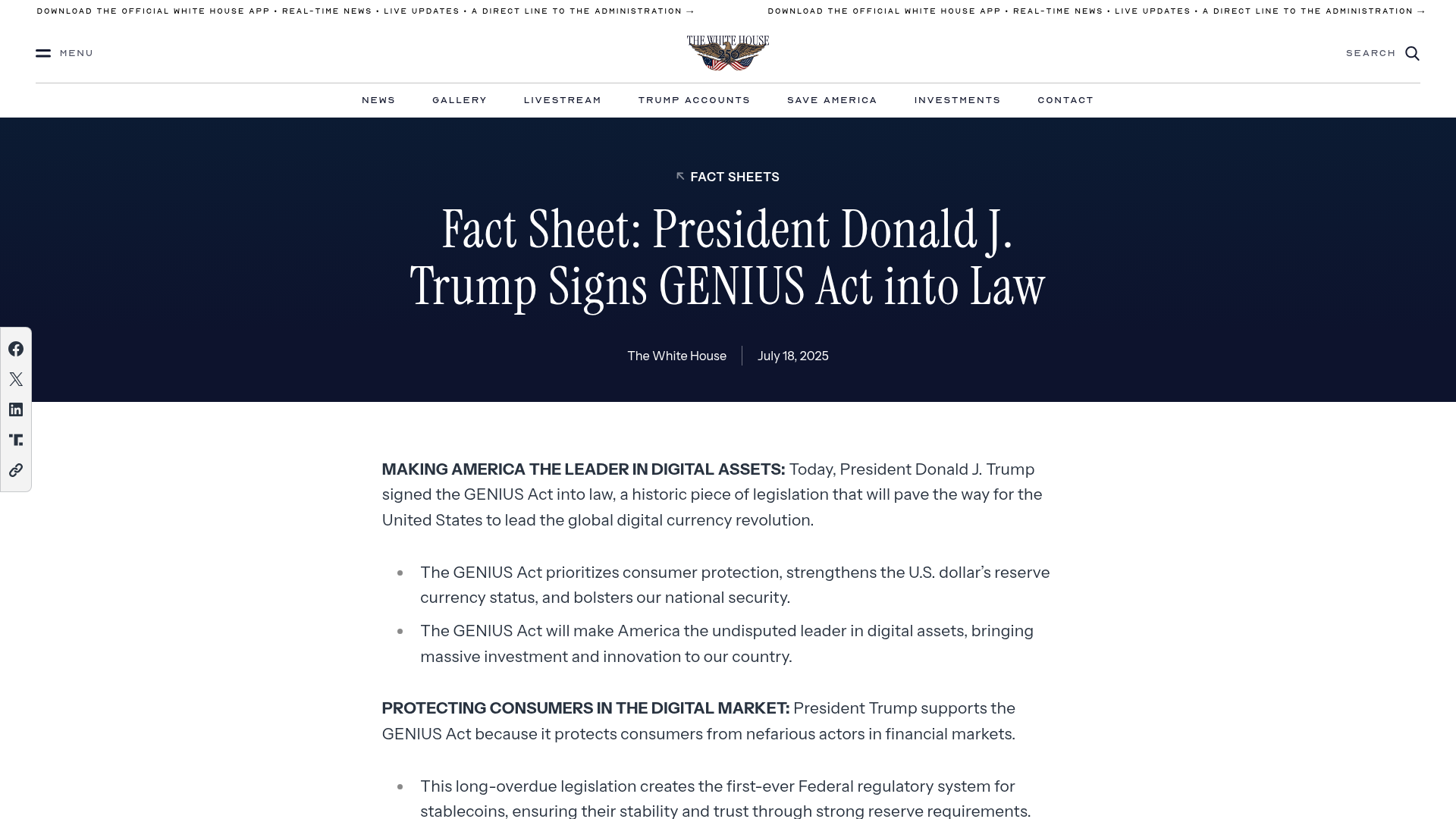 White House GENIUS Act fact sheet