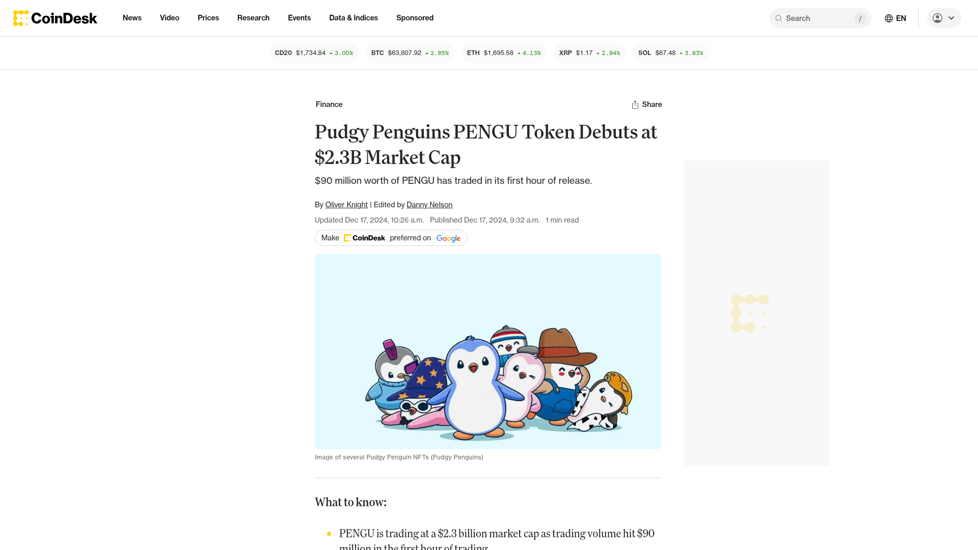 CoinDesk · debut PENGU
