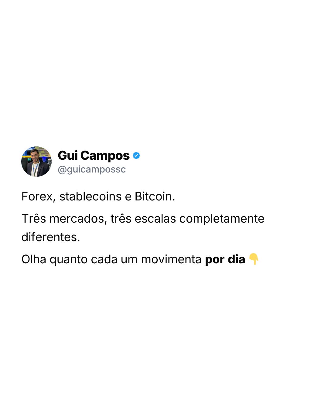 Carrossel Gui Campos — Forex × Stablecoins × Bitcoin: volume por dia
